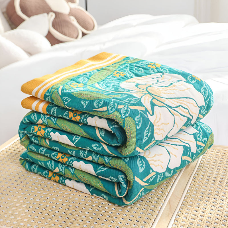 Green Botanical Bloom Cotton Blanket