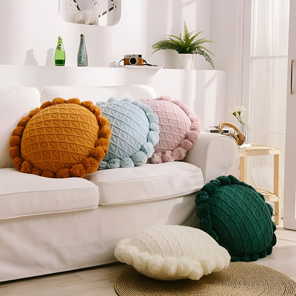 Chic Sunflower Pom-Pom Cushion