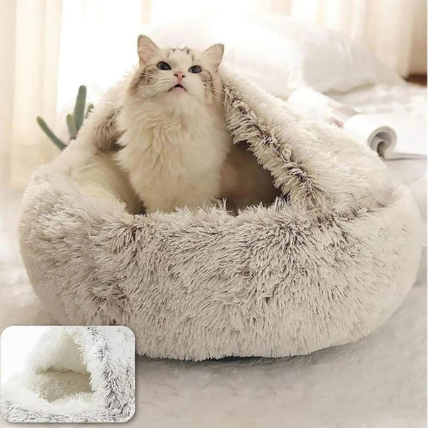 Round Hooded Faux Fur Pet Bed