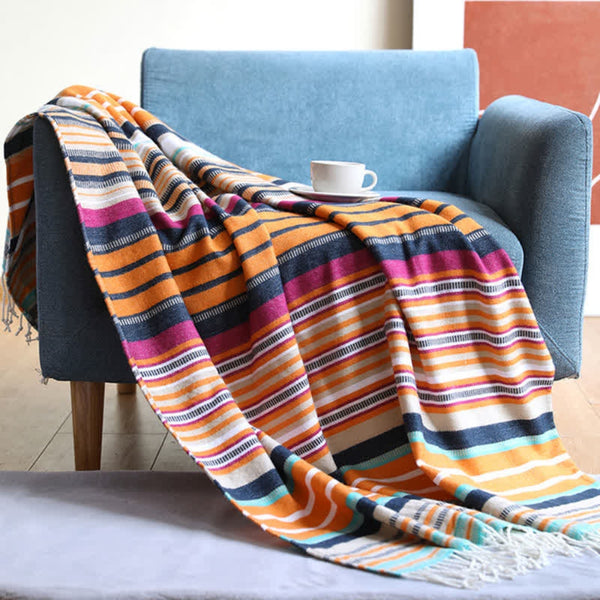 Rainbow Striped Tassel Blanket