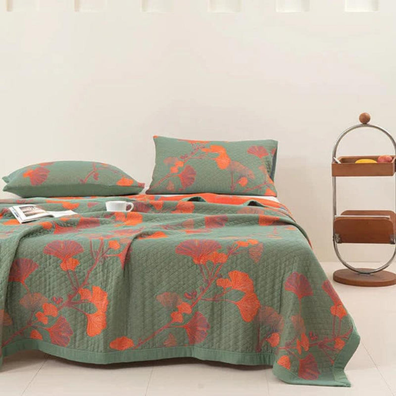 Ginkgo Orange Leaf Floral Pattern Coverlet