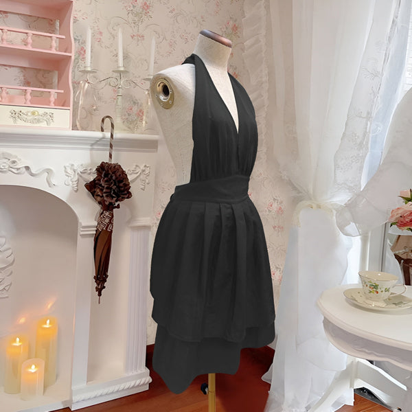 V-Neck Halter Black Tie-Back Apron