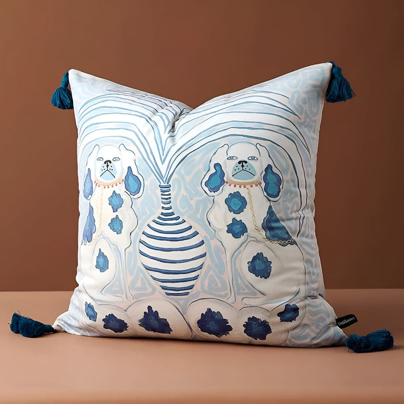 Blue Dog Artistic Cushion Cover with Tassels