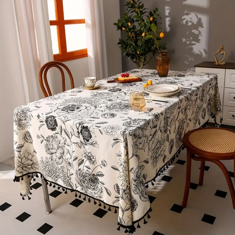 Black Floral Tasseled Farmhouse Tablecloth