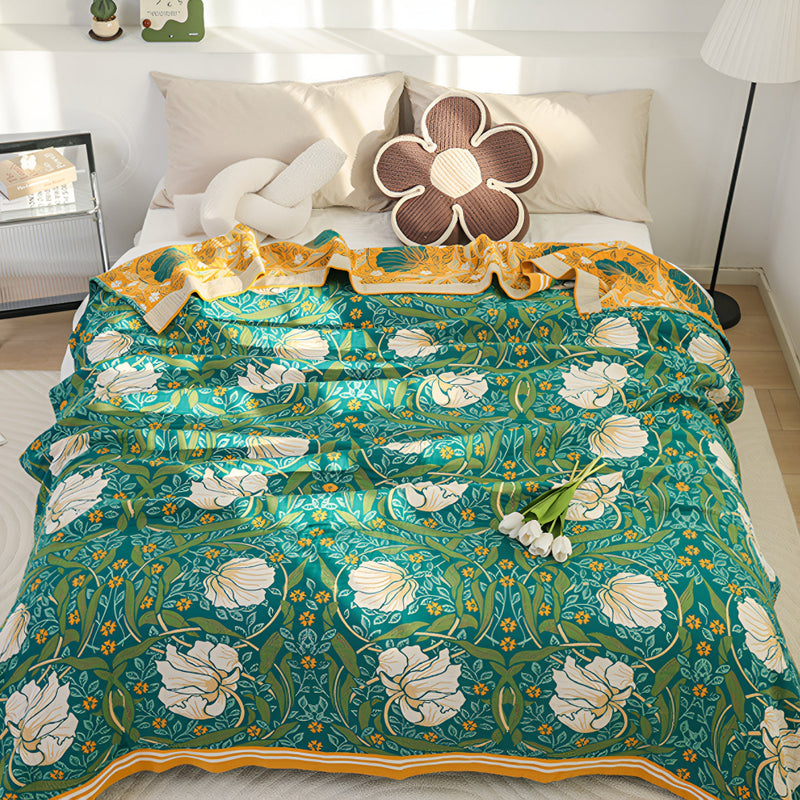 Green Botanical Bloom Cotton Blanket