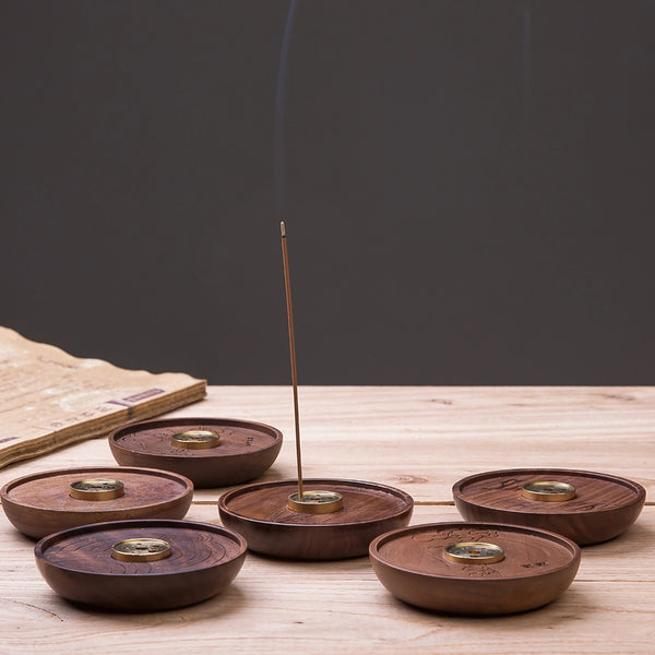 Round Wood and Copper Incense Holder