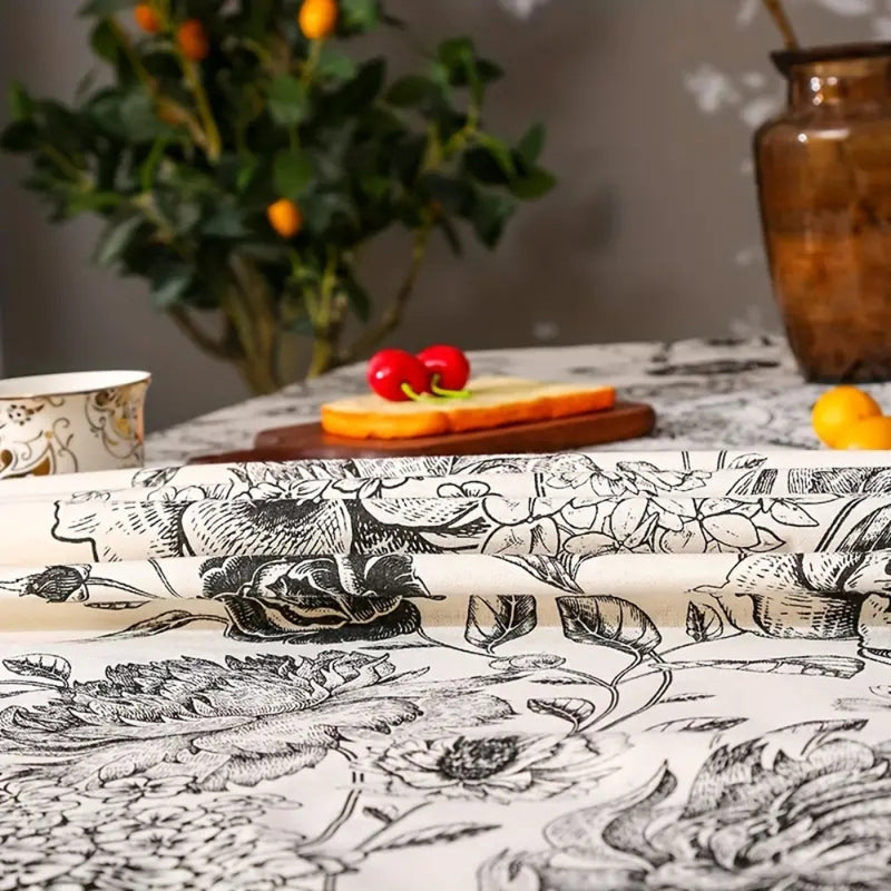 Black Floral Tasseled Farmhouse Tablecloth