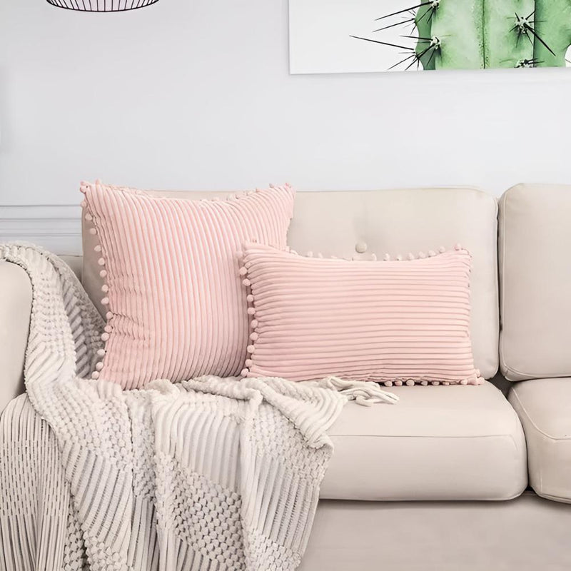 Plush Ribbed Pom-Pom Cushion Cover