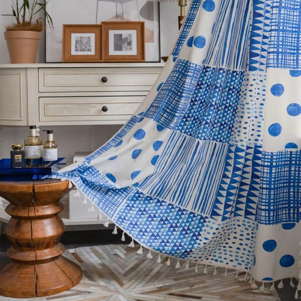 Blue Geometric Dots Pattern Curtain