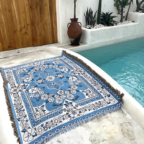 Daisy Bloom Boho Blue Beach Travel Blanket