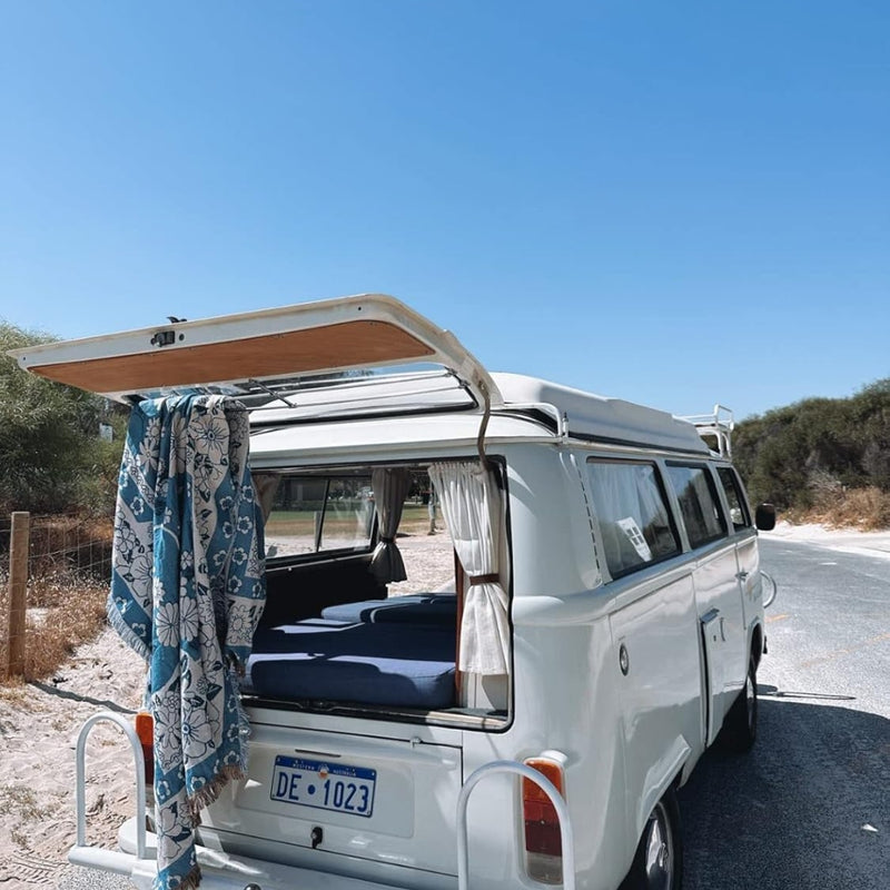 Daisy Bloom Boho Blue Beach Travel Blanket