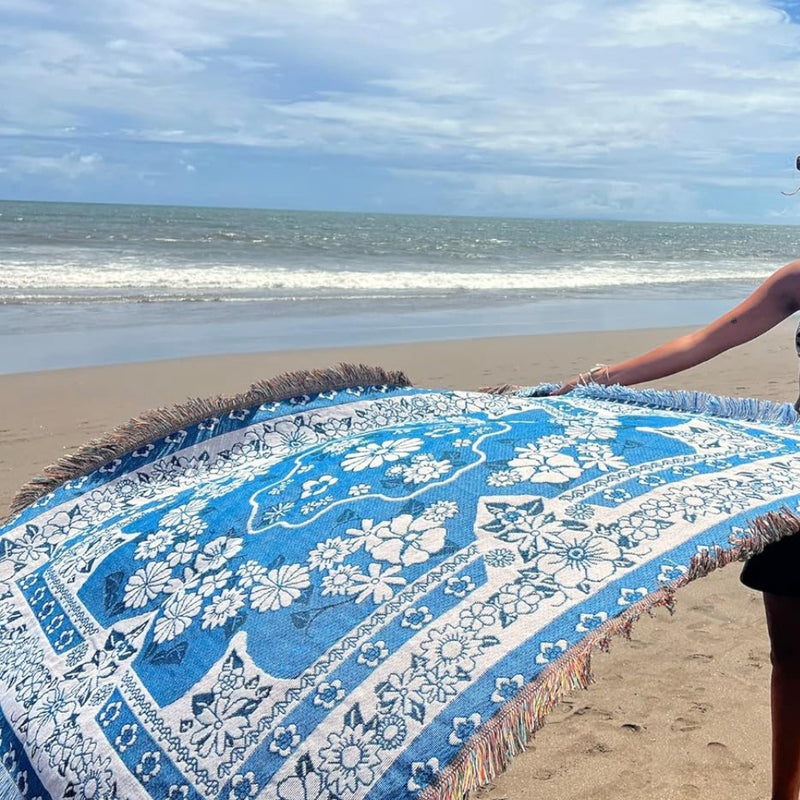 Daisy Bloom Boho Blue Beach Travel Blanket