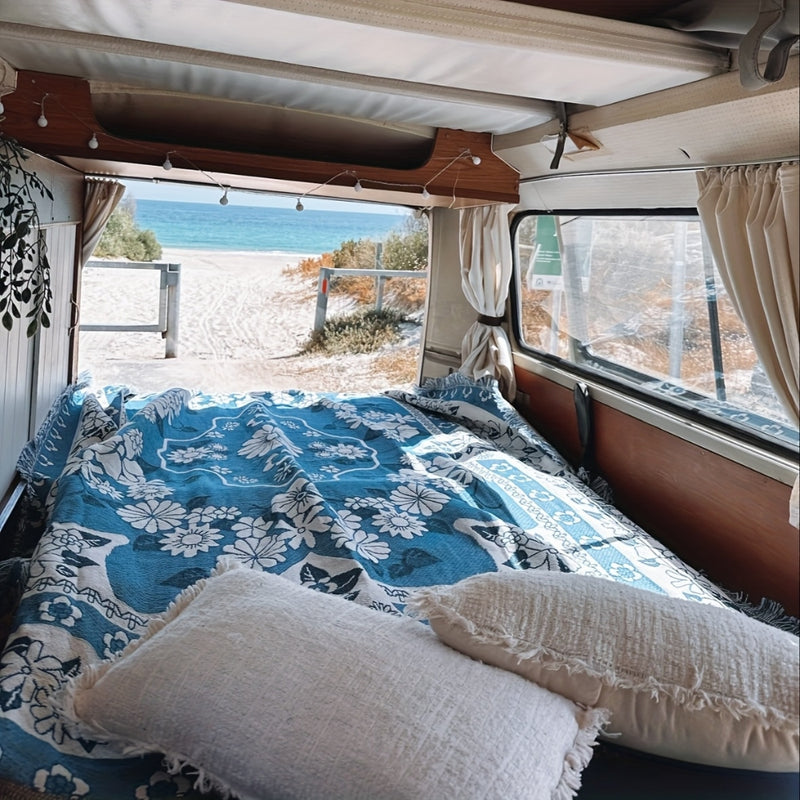 Daisy Bloom Boho Blue Beach Travel Blanket