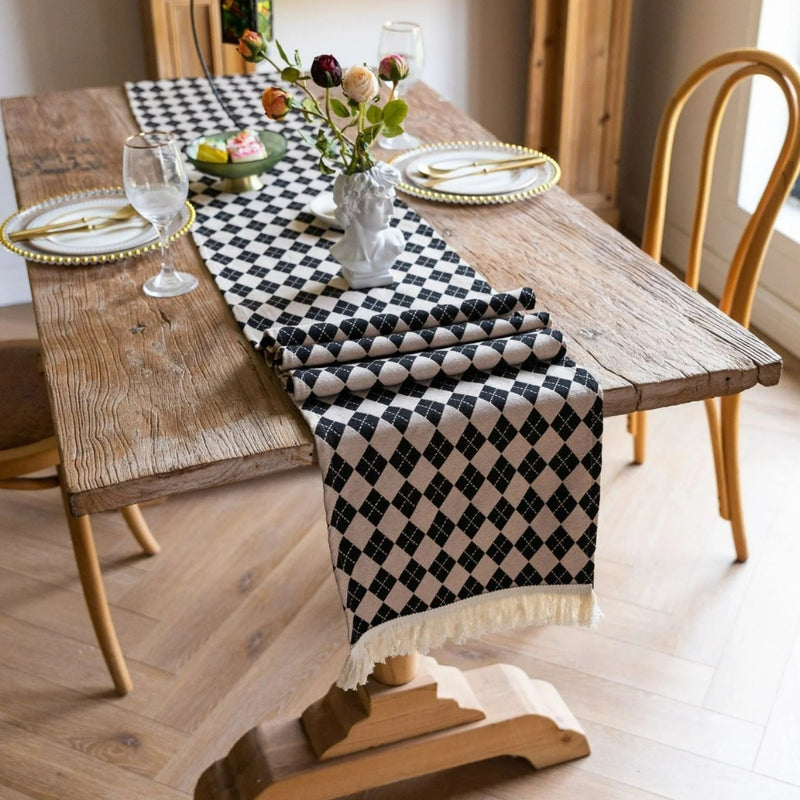 Tasseled Diamond Checkered Table Runner