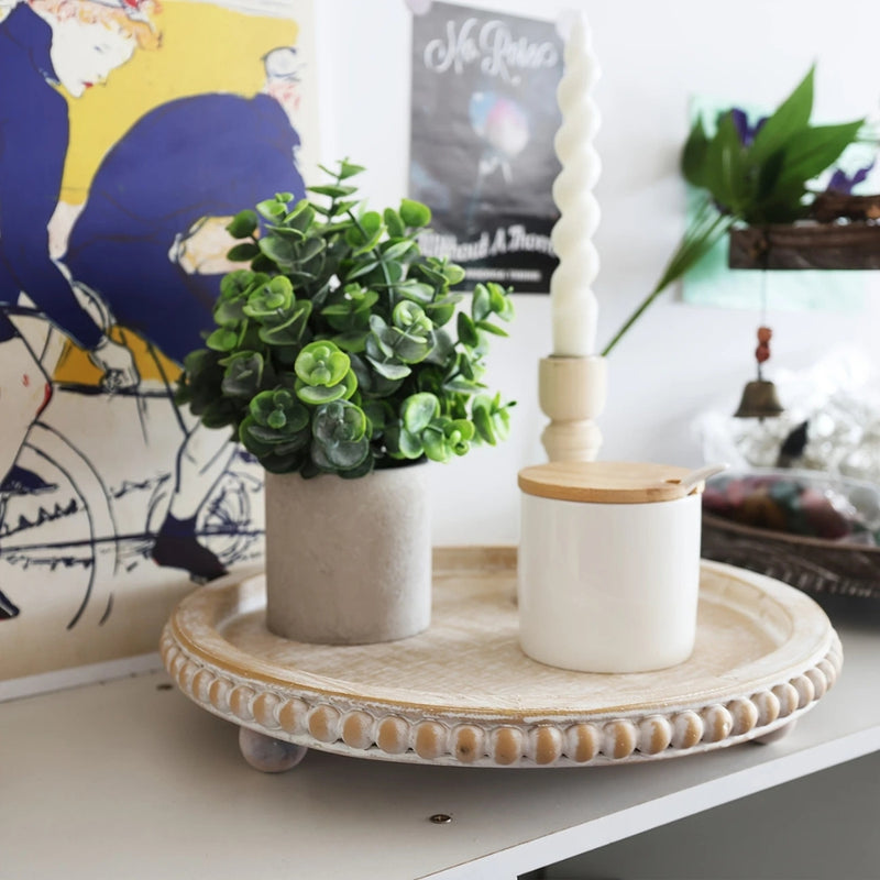Versatile Round Wooden Beaded Edges Serving Tray